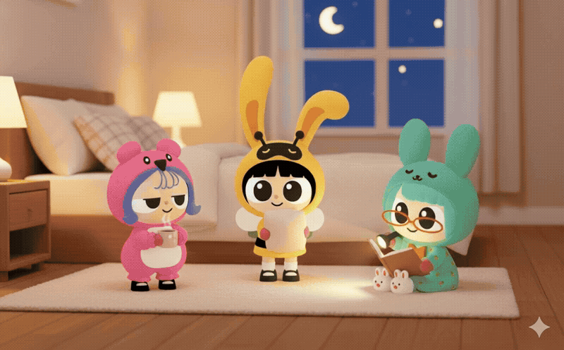 잠들기 전 방에서 함께 움직이는 돌린과 친구들