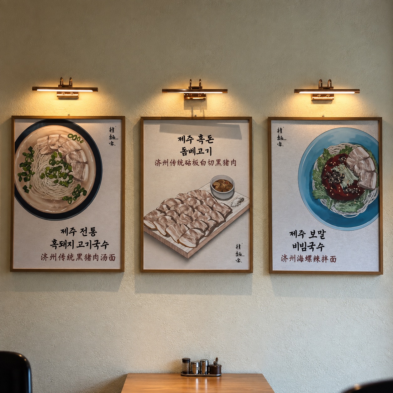 Jeju noodle house — framed menu illustrations