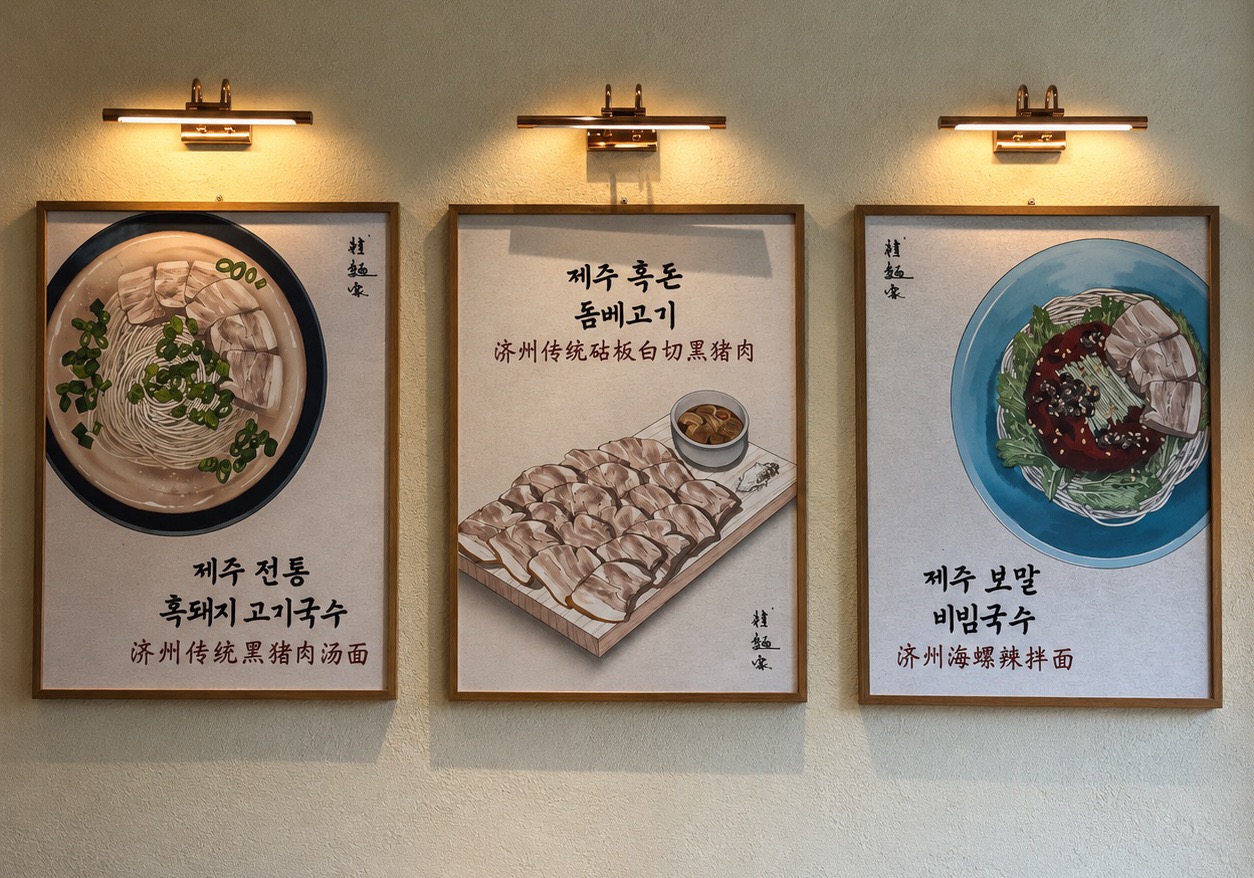 제주 국수집 — 액자 메뉴 3점